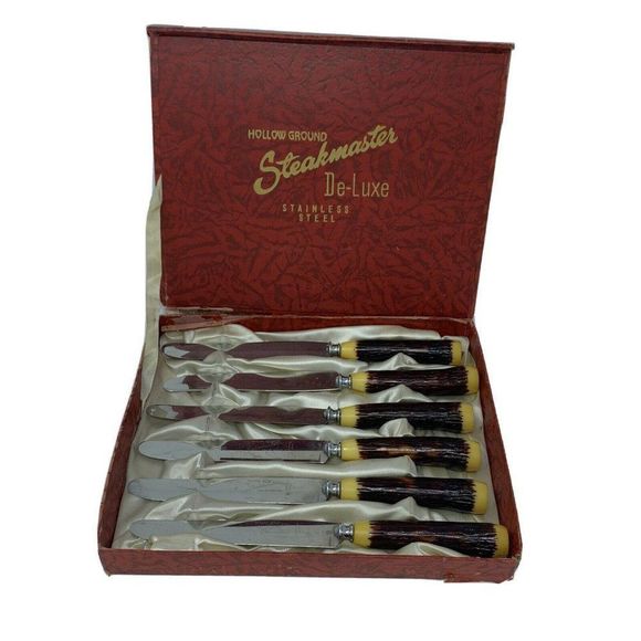 Rare VTG Glo-Hill FAUX STAG BONE And BAKELIGHT DINKEE KNIVES Boxed Set 6 - Picture 3 of 12